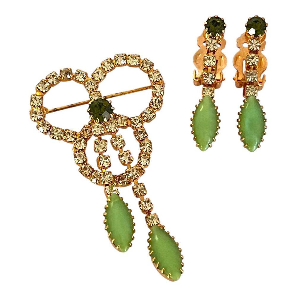 Vintage 1960s Green Navette Rhinestone Brooch Earring Set Gold Tone - 11J